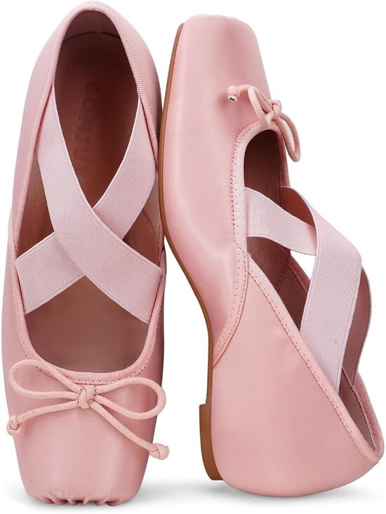 Shoes - Women's Pink Square Toe Soft Strap Low Wedge Comfortable Walking Ballet Flats